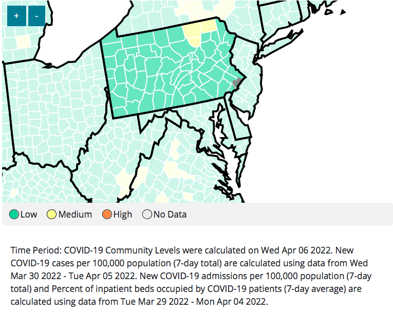 CDC website showing every county of PA current COVID cases rating level (mostly all low)